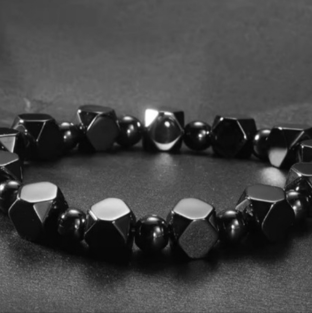 Hematite Stone Geometric Beaded Bracelet 6"-7" - Picture 2 of 4
